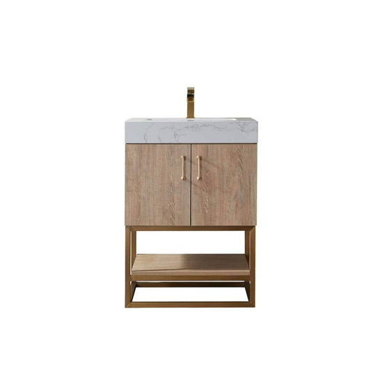 24 In. W X 22 In. D X 33.9 In. H Bath Vanity In North American Oak With White Stone Vanity Top No Side Cabinet