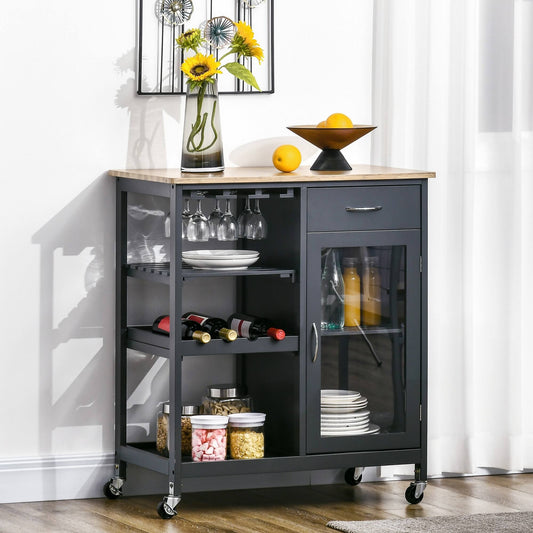 Utility Kitchen Cart, Rolling Kitchen Island Storage Trolley With Wine Rack, Shelves, Drawer And Cabinet, Grey, Gray