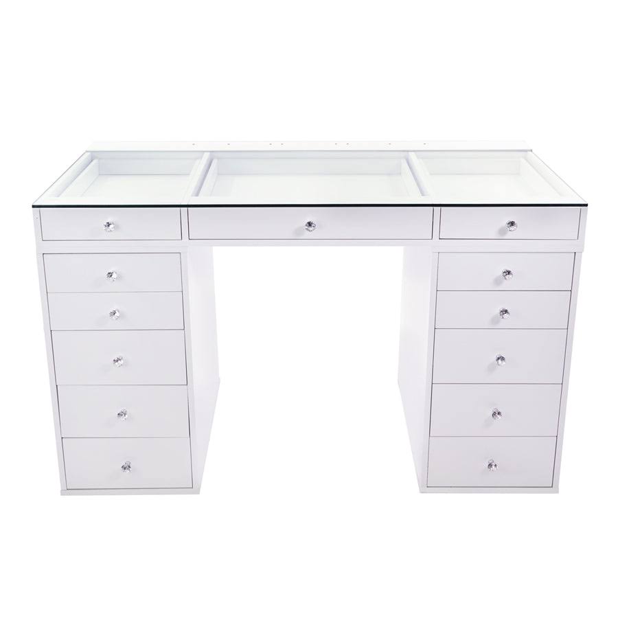 Vanity Desk, Slaystation Plus 2 Desk With Drawers For Makeup Station, Home Office Desks With Crystal Lux Knobs, Soft Close Drawer