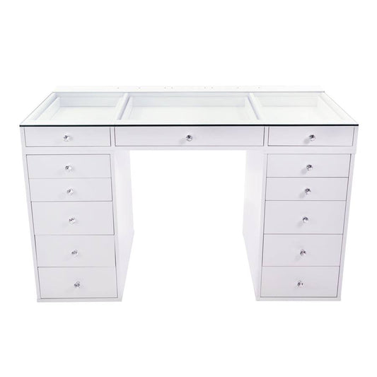 Vanity Desk, Slaystation Plus 2 Desk With Drawers For Makeup Station, Home Office Desks With Crystal Lux Knobs, Soft Close Drawer