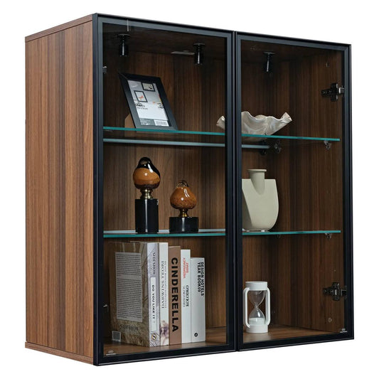 Wall Cabinets With Glass Doors 2-Tier Adjustable Shelves Wooden Cabinet Storage For Collectibles Figurines Display Cabinet For Home