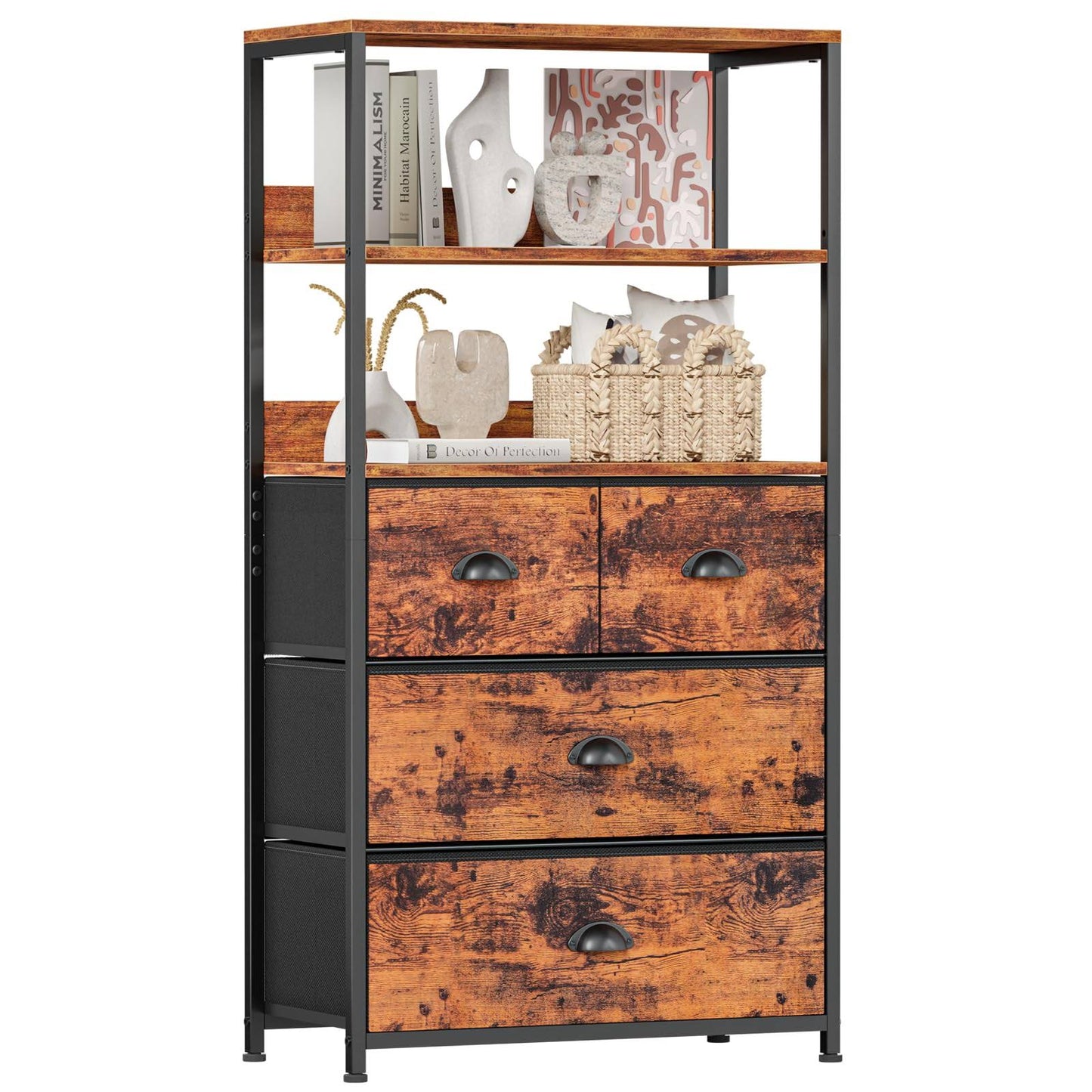 Vertical 4 Drawer Dresser Organizer With 3-Tiers Wood Shelf,Tall Fabric Storage Tower Unit, Sturdy Metal Frame Chest Of Drawers,Removable