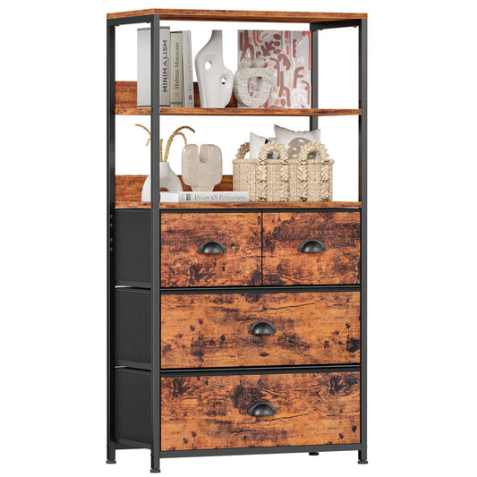 Vertical 4 Drawer Dresser Organizer With 3-Tiers Wood Shelf,Tall Fabric Storage Tower Unit, Sturdy Metal Frame Chest Of Drawers,Removable