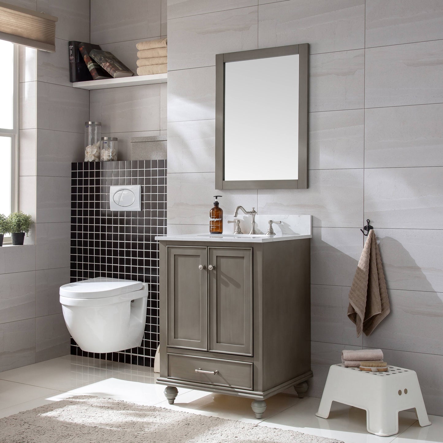 30 Single Bathroom Vanity Sudio Design Silver Gray/Carrara White Natural Stone