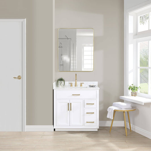 30 Single Bathroom Vanity In White With Grain White Composite Stone Countertop Without Mirror