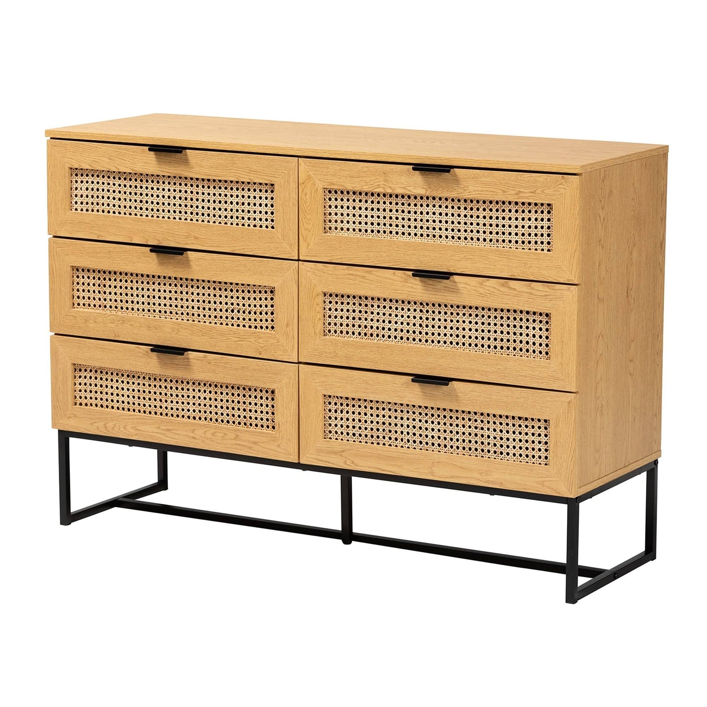 Wood And Metal 6 Drawer Storage Cabinet With Natural Rattan Oak Brown/Black - Baxton Studio