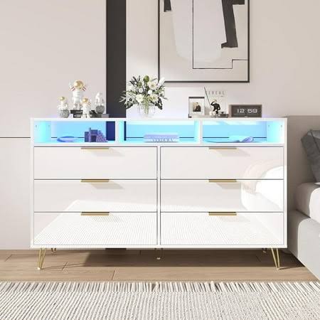 White Dresser With Led Lights For Bedroom, Modern Wood Dresser With Wide Drawers And Metal Handles, 6 Drawer Dresser For Kids Living Room,