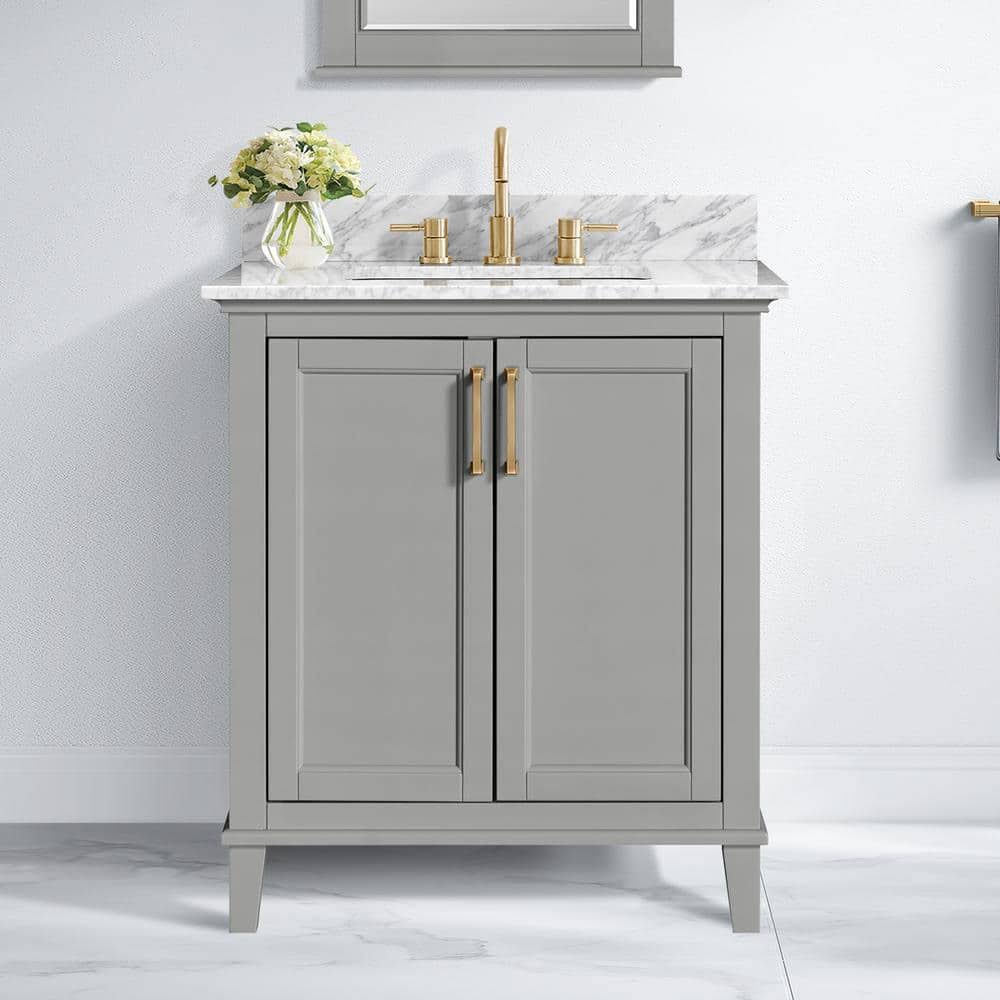 31 In. W X 22 In. D X 35 In. H Single Sink Freestanding Bath Vanity In Gray With White Marble Top