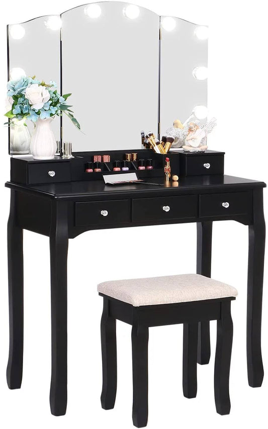 Vanity Set With Lighted Mirror, Makeup Vanity With Tri-Folding Mirror 10 Led Bulbs, Black Vanity Desk Vanity Table With 5 Drawers 2 Diy