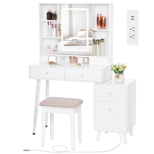 Vanity Desk, White Vanity With Charging Station & Nightstand