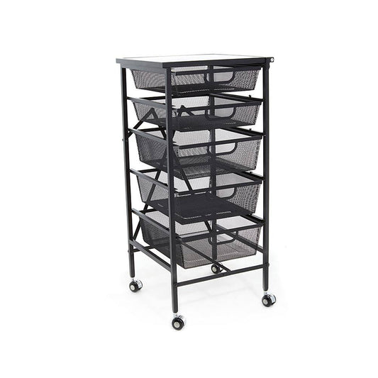 Wheeled Folding Steel 5 Drawer Mesh Storage Kitchen Cart Wood Top Black