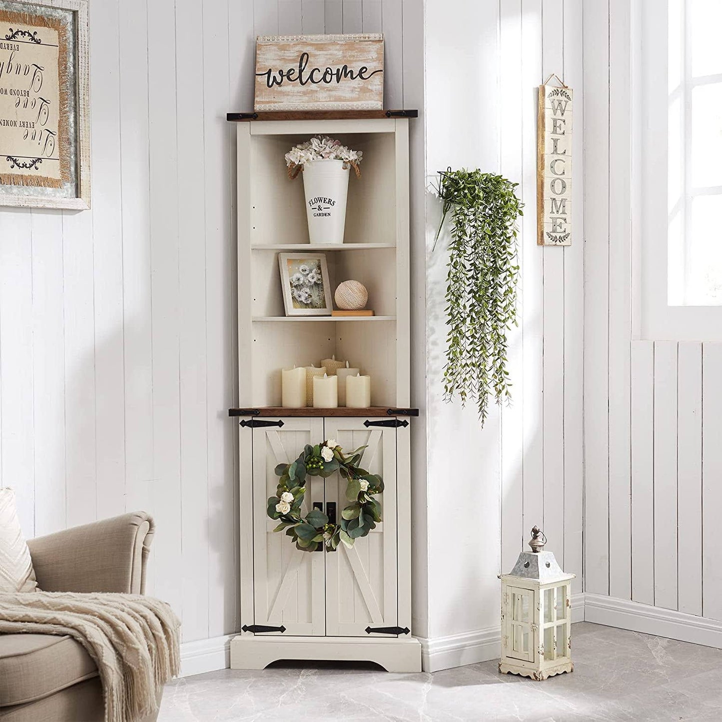 2-Door Wood Corner Farmhouse Tall Storage Cabinet With Shelves Space For Living Room Entryway Home Office White