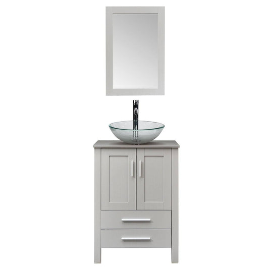 24 In Bathroom Vanity Cabinet Storage Mirror Vessel Sink Faucet Pop Up Drain New, Size: Square Mirror Wood, Gray