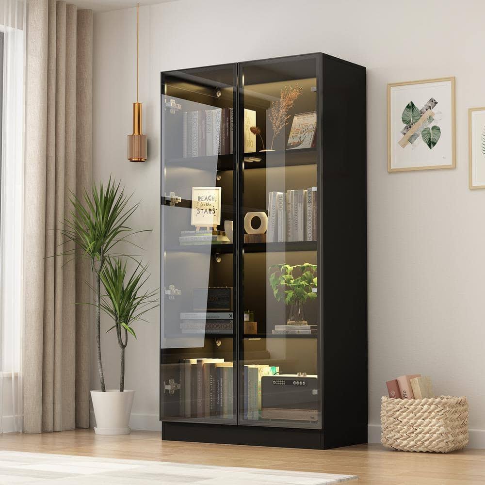 Wood Display Cabinet With Tempered Glass Doors And 3-Color Led L