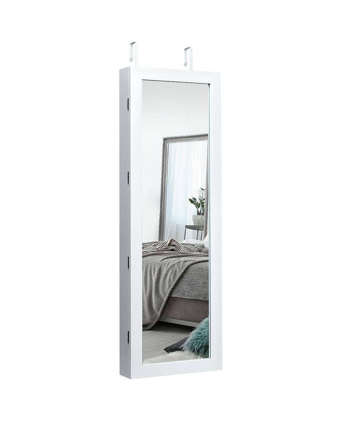 Wall Mount Mirrored Jewelry Cabinet Organizer Led Lights - White