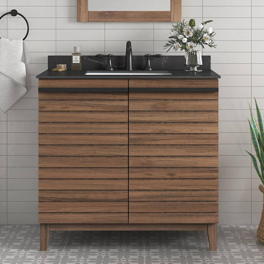 30 In. W X 19 In. D X 34 In. H Single Sink Bath Vanity In Spiced Walnut With Black Sintered Stone Top