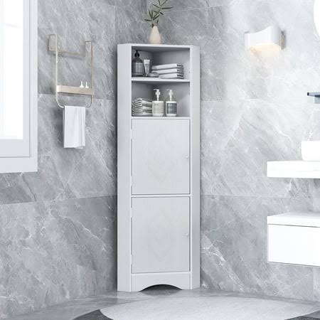 Tall Bathroom Corner Cabinet Freestanding Storage Cabinet With Doors And Adjustable Shelves Mdf Board Gray