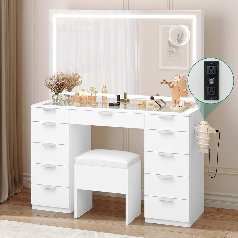 Vanity Desk Set With Large Led Lighted Mirror & Power Outlet, Glass Top Vanity With 11 Drawers And Magnifying Glass, 46 Makeup Vanity