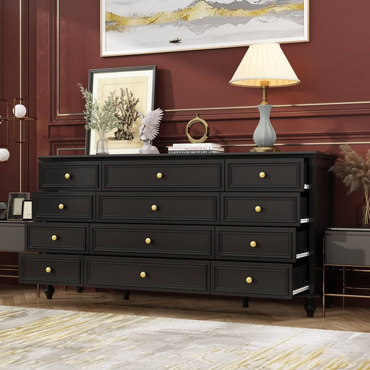 Wood Dresser Bedroom Storage Drawer Organizer Closet Drawers - Black - 12-Drawer