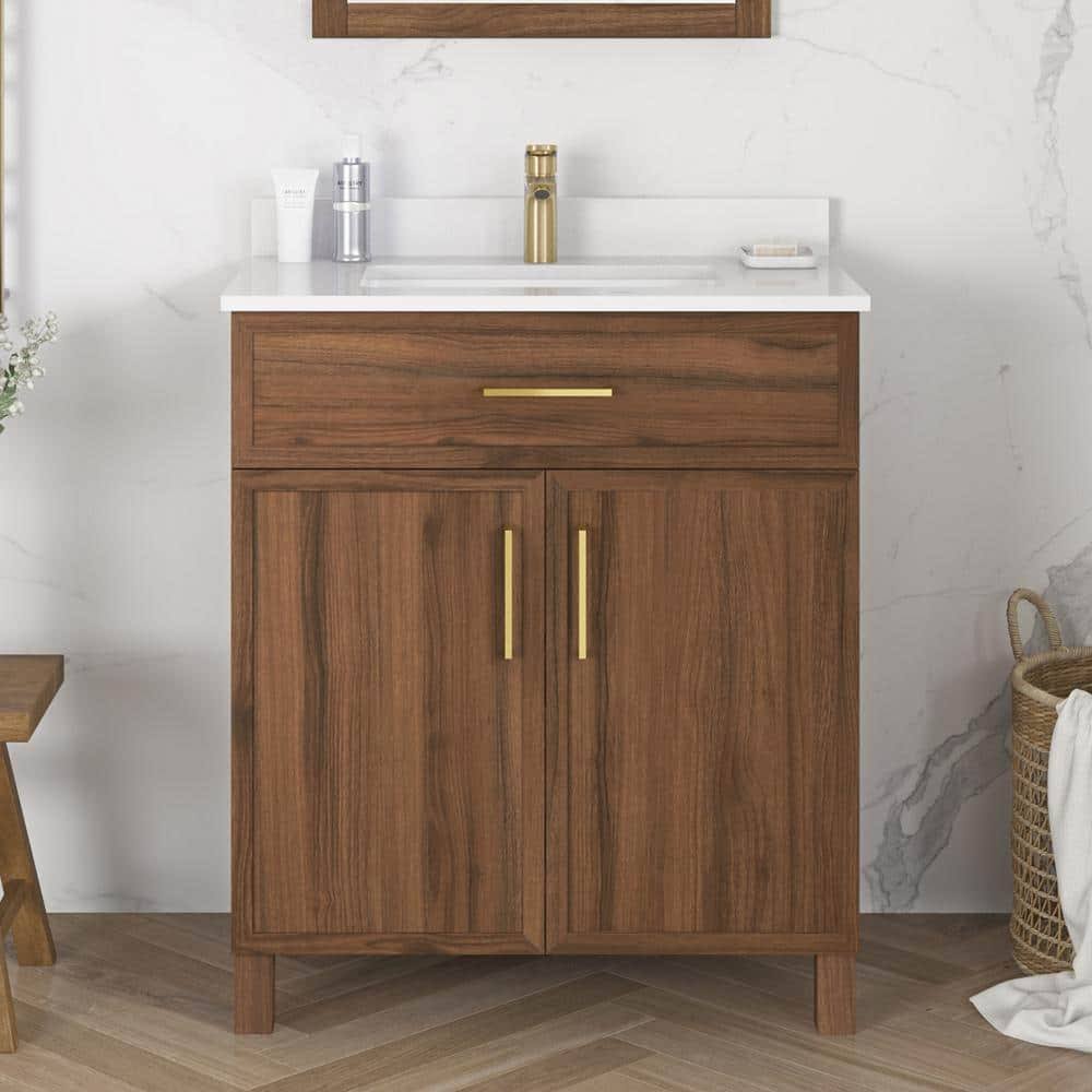 24 In. W X 19 In. D X 34 In. H Single Sink Bath Vanity In Spiced Walnut With White Engineered Stone Top