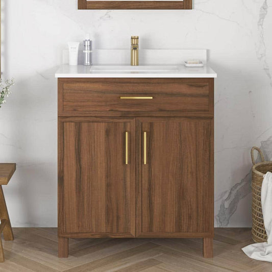 30 In. W X 19 In. D X 34 In. H Single Sink Bath Vanity In Spiced Walnut With White Engineered Stone Top