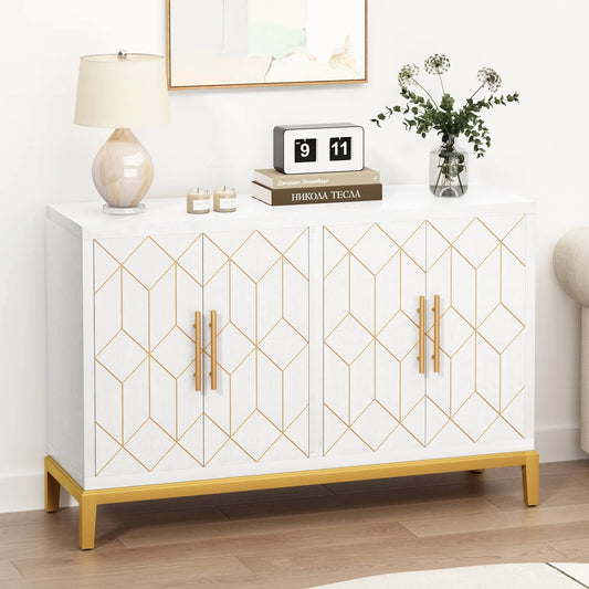 White Accent Cabinet With Gold Trim Storage Cabinet With 4 Doors Modern Wooden Sideboard