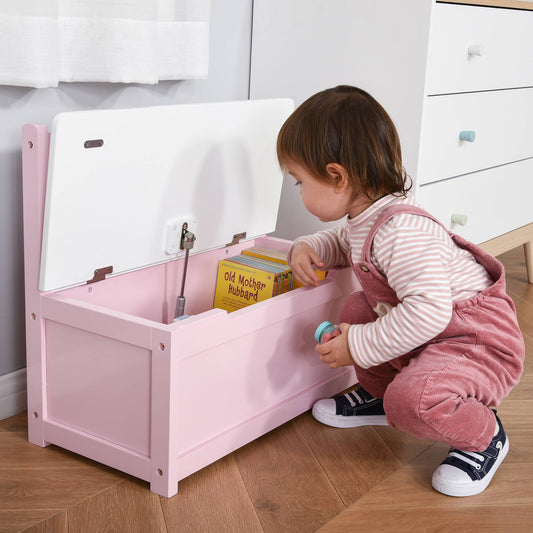 2-In-1 Kids Wooden Toy Organizer Chest Storage Box With Seat Bench Cabinet Chunk Cube With Safety Pneumatic Rod Pink