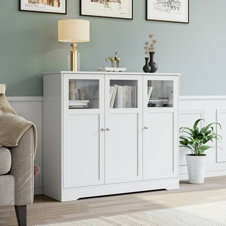 White Accent Cabinet, 37.4 Tall Storage Sideboard Cabinet With 3 Glass Doors, Size: 42.5 Large X 13.8 W X 37.4 H