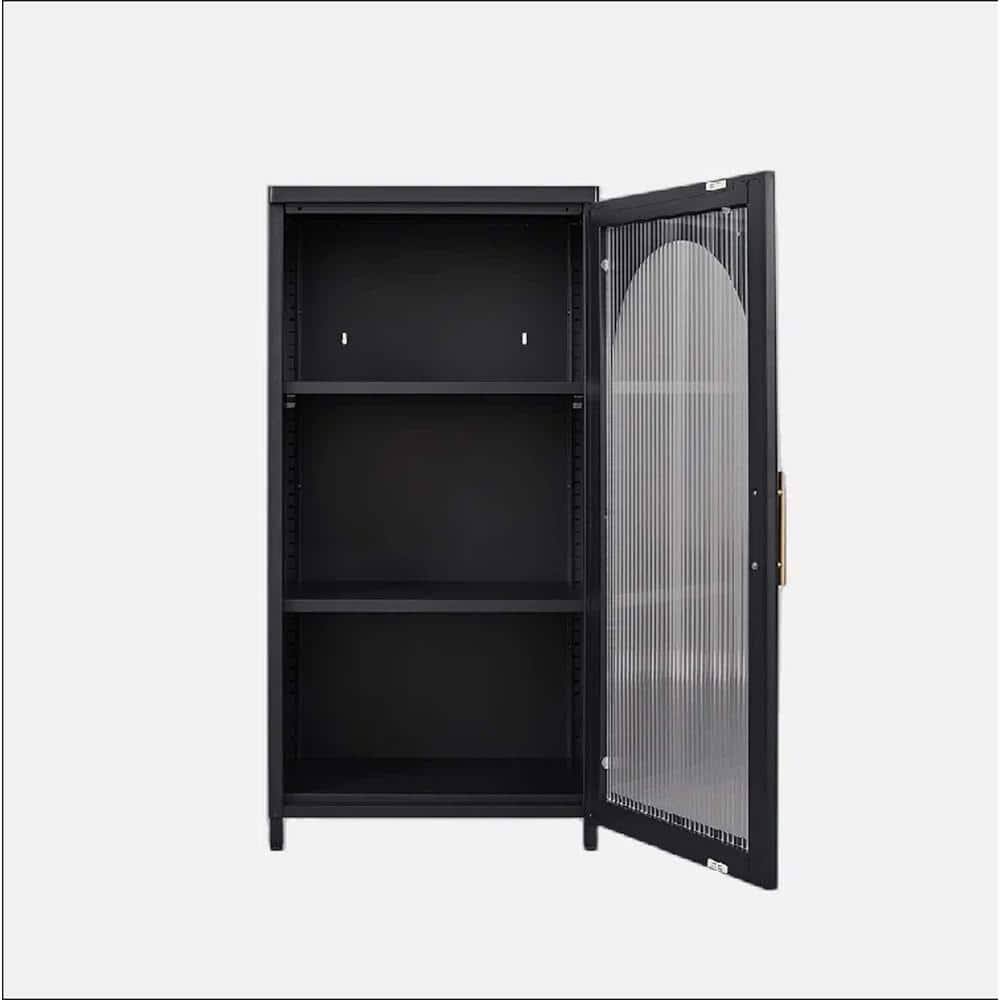 2-Shelf Black Steel Pantry Organizer Entryway Storage Cabinet With Glass Doors For Kitchen