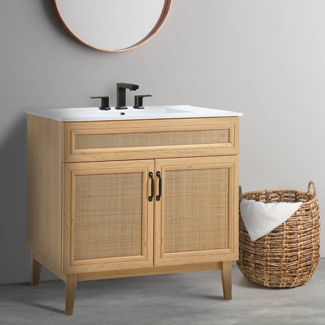 Y Van1011a Javer 36 In. W X 18 In. D X 33 In. H Rattan Modern Farmhouse 2-Shelf Bath Vanity Cabinet Only (Sink Basin Not Included), Oak