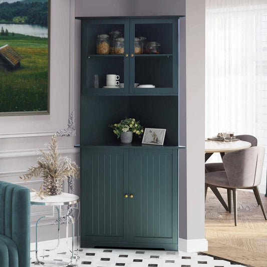 34 In. W X 25 In. D X 71 In. H Corner Linen Cabinet With Adjustable Shelves And Glass Doors In Teal Blue