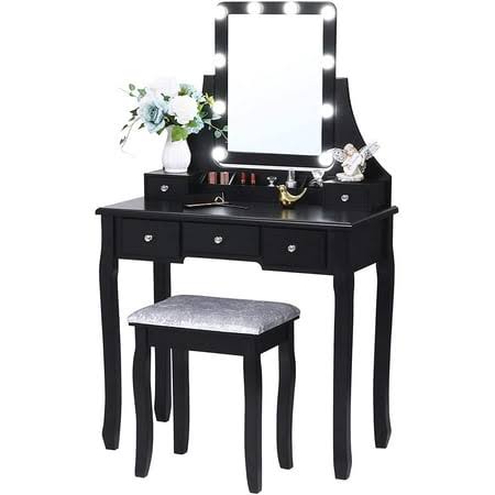 Vanity Set With Lighted Mirror, 10 Led Dimmable Bulbs, Cushioned Stool, Makeup Vanity Makeup Table Dressing Table 5 Drawers 2 Dividers