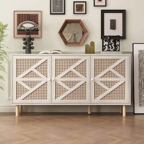 Wooden Grain 29.9 In. Height Storage Cabinet Sideboard With 4 Adjustable Height Shelves & Rattan Doors