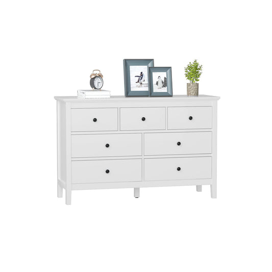 White Modern Dresser For Bedroom, 7 Drawer Double Dresser With Wide Drawer And Metal Handles, Wood Dressers & Chests Of Drawers For