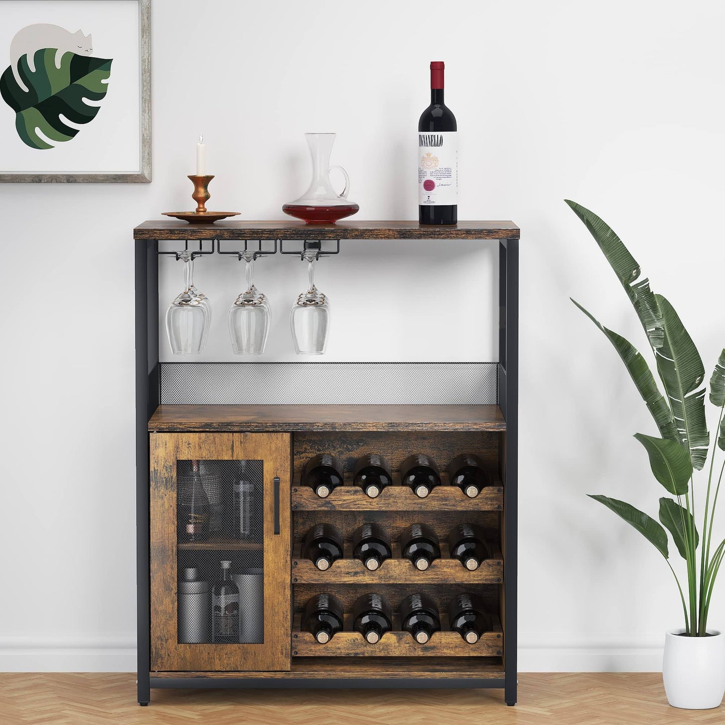 Wine Bar Cabinet With Detachable Rack, Glass Holder, Small Sideboard And Buffet Mesh Door, Rustic Brown