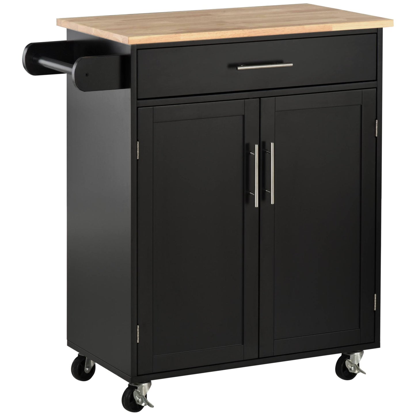 Wooden Kitchen Large Storage Island On 360° Swivel Wheels Cart With Drawer, Interior Cabinet & Towel Rack - White