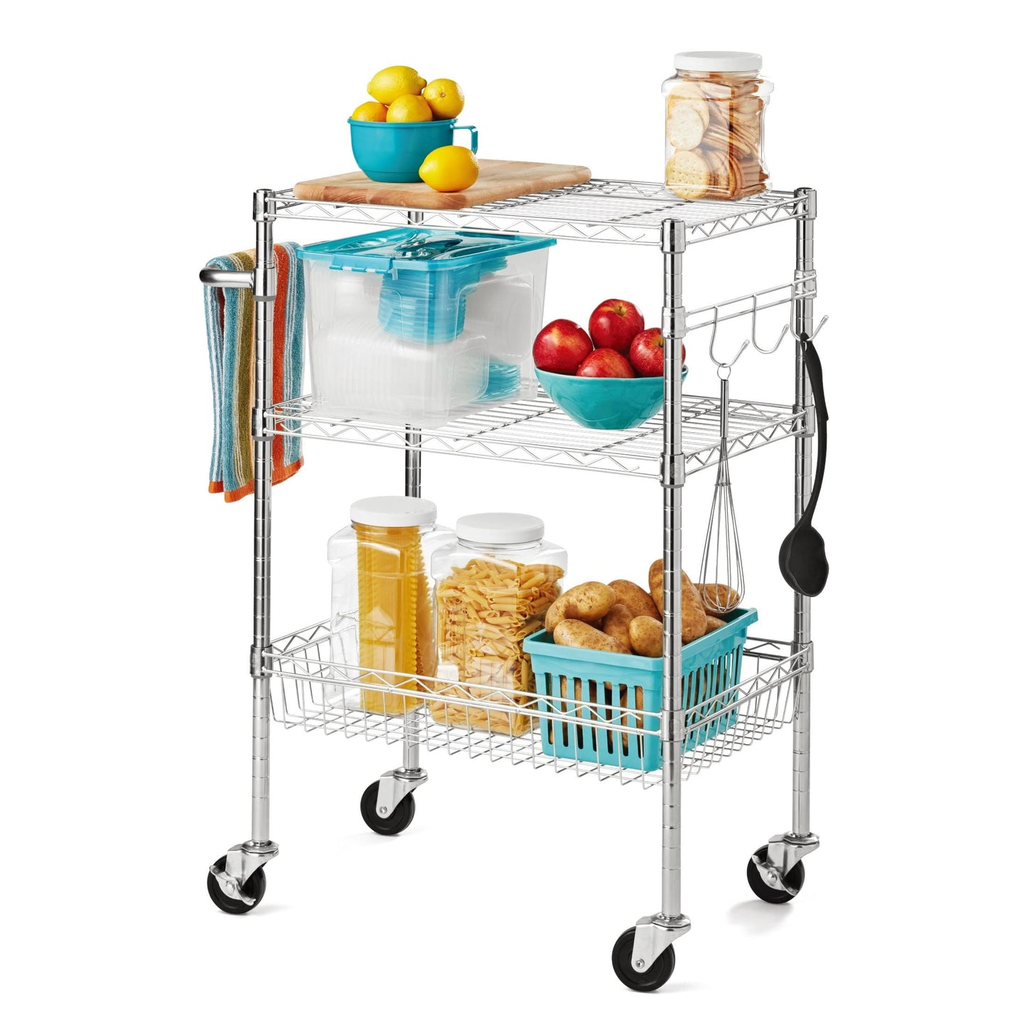 Tough 3-Tier Multipurpose Rolling Cart, Chrome Color, 495lbs Load Capacity