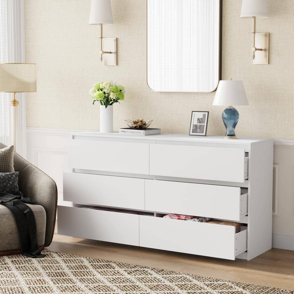 15.7 In. D X 32.3 In. H 6-Drawers White Wood 59 In. W Dresser Organize