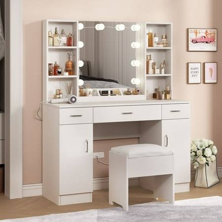 Vanity Desk With Lights And 4 Drawers 3 Lighting Colors White Vanity Set Makeup Table Lots Storage Large Size 39.4in(L)(39.4 White)