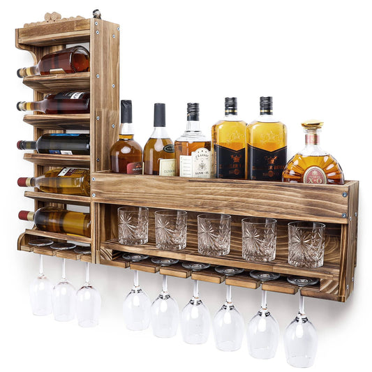 Wine Rack Wall Mounted Wood,Wine Shelf With Bottle Stemware Glass Holder Rustic, Wine Display Storage Rack With Cork Holder For Home Bar