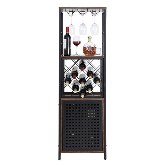 18 Inch Industrial Bar Cabinet Table For Liquor And Glasses Sideboard Buffet Cabinet With Glass Holder & Rack Freestanding Farmhouse Wood