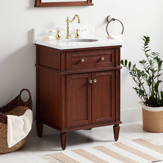 24 Elmdale Single Bathroom Vanity Set With Rectangular Undermount Sink Base Finish: Soft White, Top Finish: Carrara Marble, Faucet