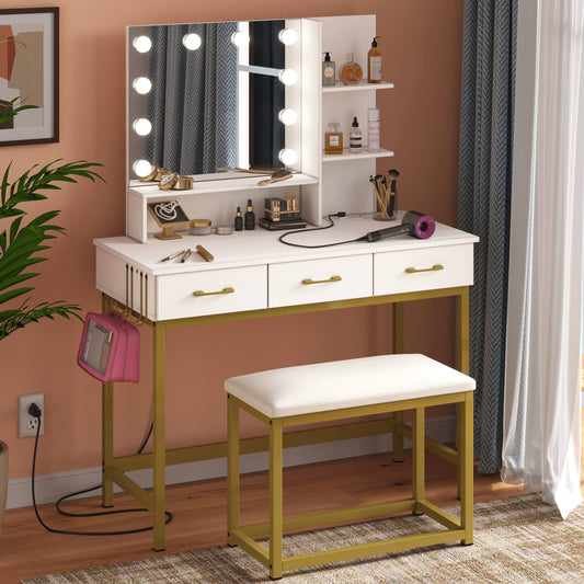 Vanity Set With Lighted Mirror & Power Outlet, Makeup Table With Drawers & Cushioned Stool For Bedroom In White