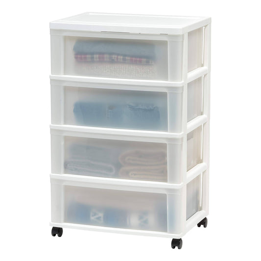 Usa 4 Drawer Wide Plastic Storage Tower, White/Clear