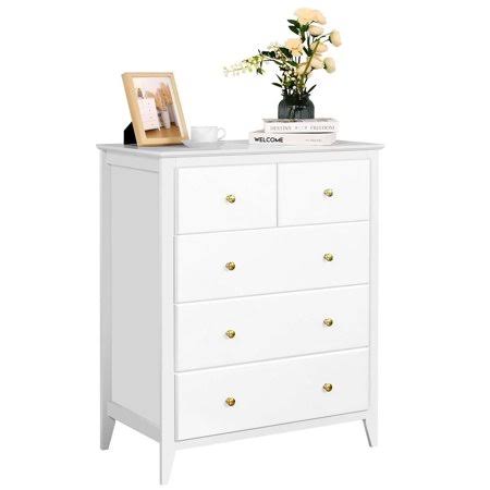 White Double Dresser With 5 Drawer, Modern Chest Of Drawers For Bedroom, Nursery, Kids, Wood Storage Organizer Cabinet For Clothing, Size: 29.2l