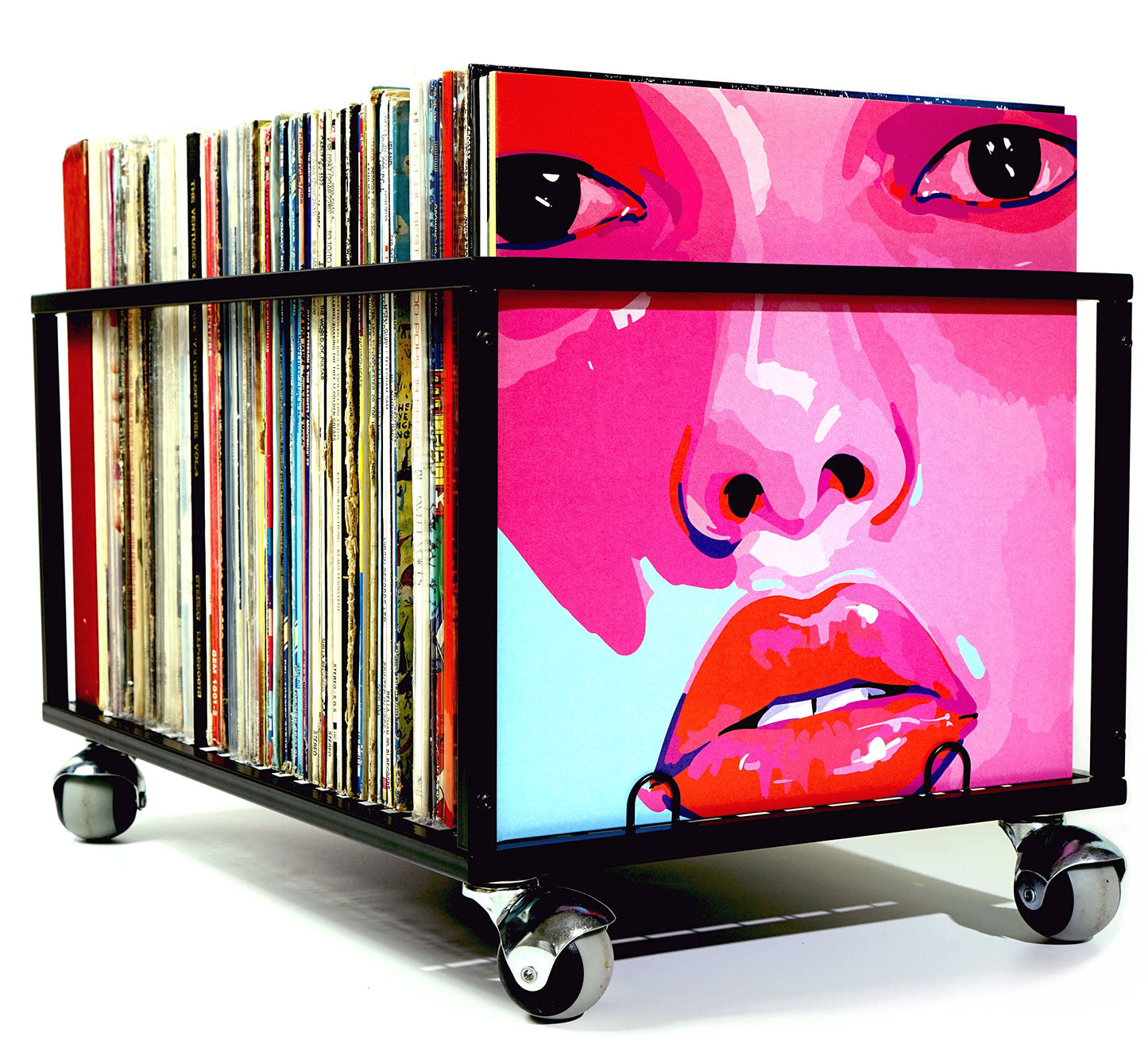 Vinyl Record Holder Storage Up To 120 Lp - Sturdy Metal Frame Crate Moving Box With Wheels - Stylish Display Rack Organizer For Vinyl Album