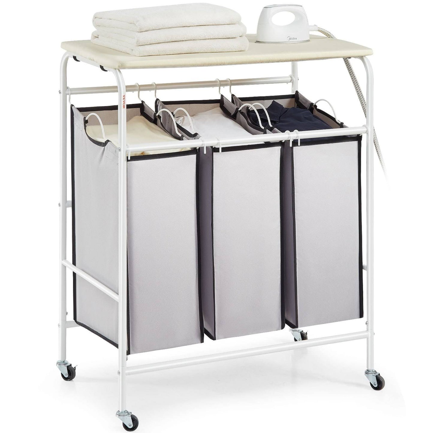 3-Section Laundry Sorter Cart With Ironing Board, Laundry Hamper Heavy Duty With Lockable Wheels And 3 Removable Bag, Rolling Laundry Basket