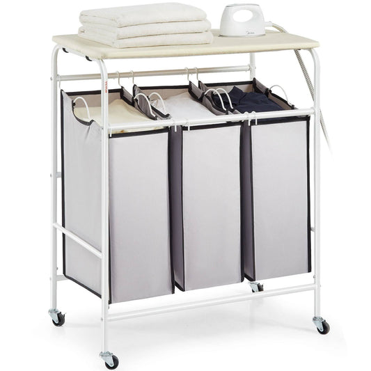 3-Section Laundry Sorter Cart With Ironing Board, Laundry Hamper Heavy Duty With Lockable Wheels And 3 Removable Bag, Rolling Laundry Basket