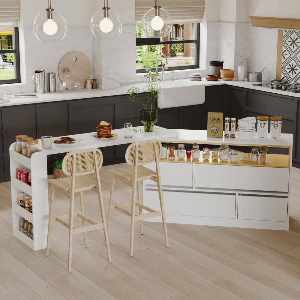 Wood 94.5 In. W Kitchen Island Dining Bar Table With Moveable Tabletop Shelves Drawers