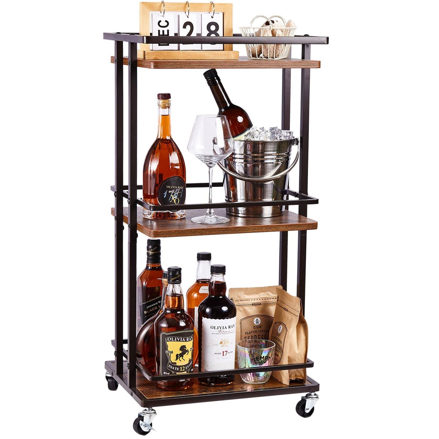 3-Tier Bar Cart, Serving Bar Cart For Home With Large Storage Space, Made Of Wood And Metal With Wheels,Multifunctional Cart Suitable For